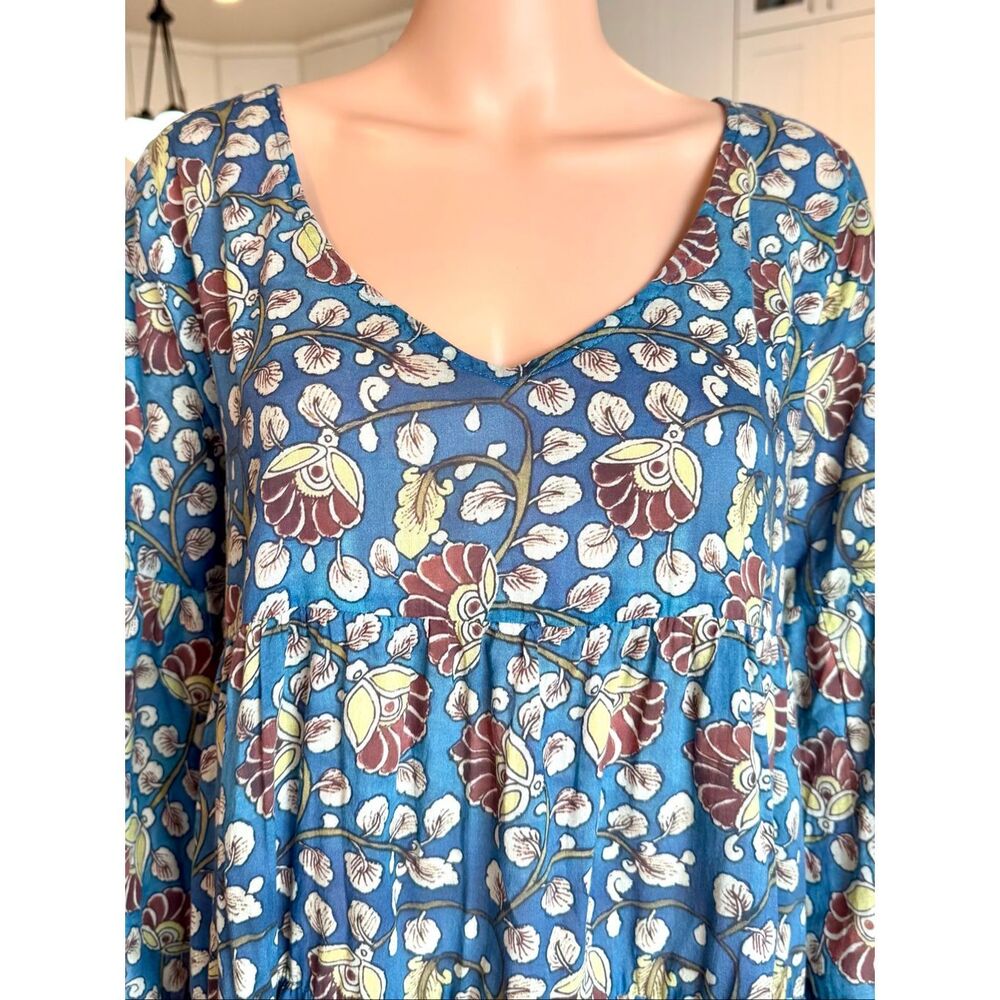 Natural Life Blue Floral Block Print Boho Tiered V-Neck Tunic Dress XL Sundress - Picture 3 of 6